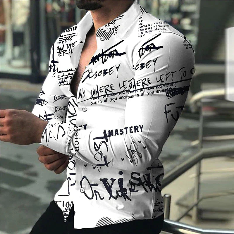 Top Trends: Newspaper Text Art Fashion Luxury Party Evening Dress Shirt Lapel Button Down Shirt Casual Print Long Sleeve Top Men Sweater Shoppable Styles