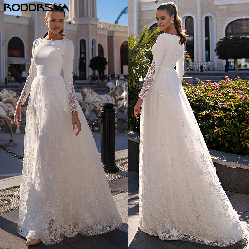 Top Trends: RODDRSYA O-Neck Lace Long Sleeve Wedding Dresses Button Back Satin And Tulle Bridal Gown With Appliques Civil Vestidos De Novia Shoppable Styles