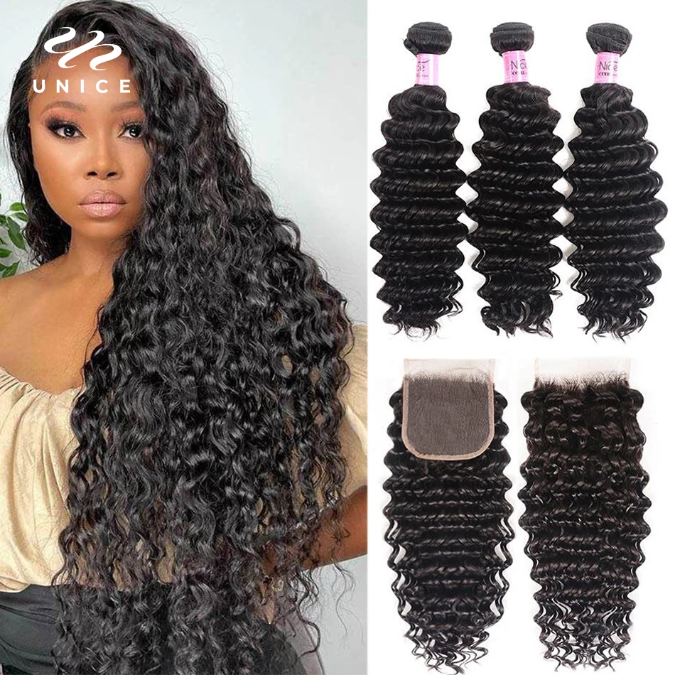 Top Trends: UNice Hair Peruvian Deep Wave Bundles With Closure 4PCS 10-20 " Human Hair Bundles With Closure Free Middle Part Shoppable Styles