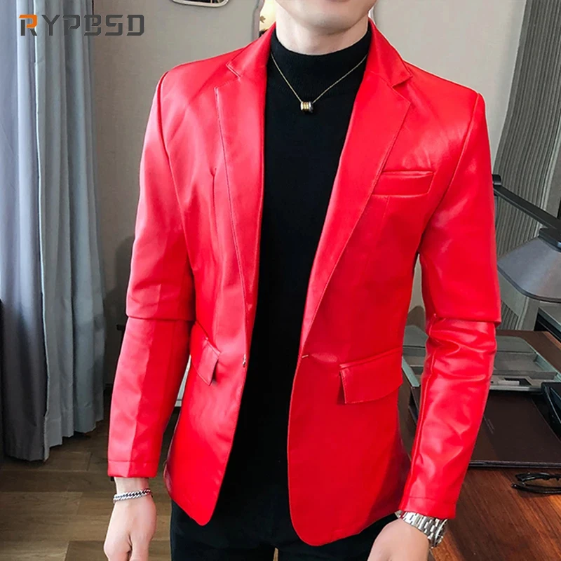 Top Trends: Leather Jacket Men Slim Fit Autumn Streetwear Korean Social Casual Business Solid Red Blazer Coat Fashion Faux PU Suit Jacket Shoppable Styles