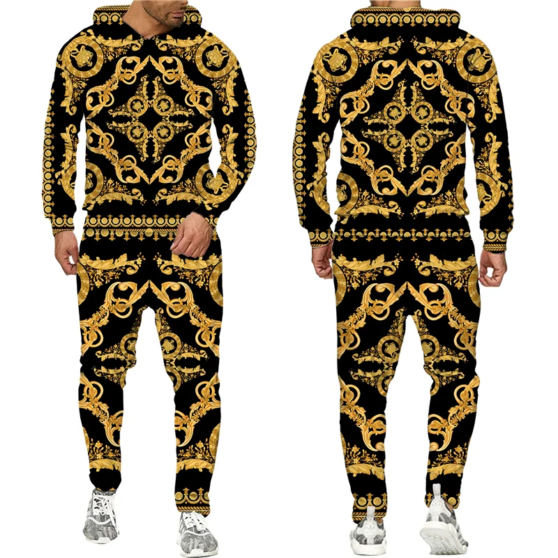 Top Trends: Golden Lion Pattern Men's Tracksuit Fashion Hooded Sports Wear Outfits Baroque Style Hoodie / Pants / Suit Male Thin Two Pieces Sets Shoppable Styles - Image 4