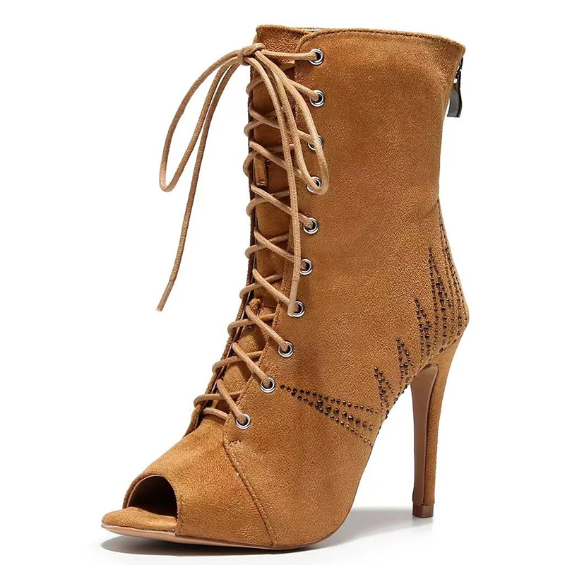 Top Trends: Woman Brown Flannel Latin Dance Boots Women High Heel Stiletto Bootie Ladies Lace Up Rhinestone Jazz Dance Shoes Slim Heel 8.5cm Shoppable Styles