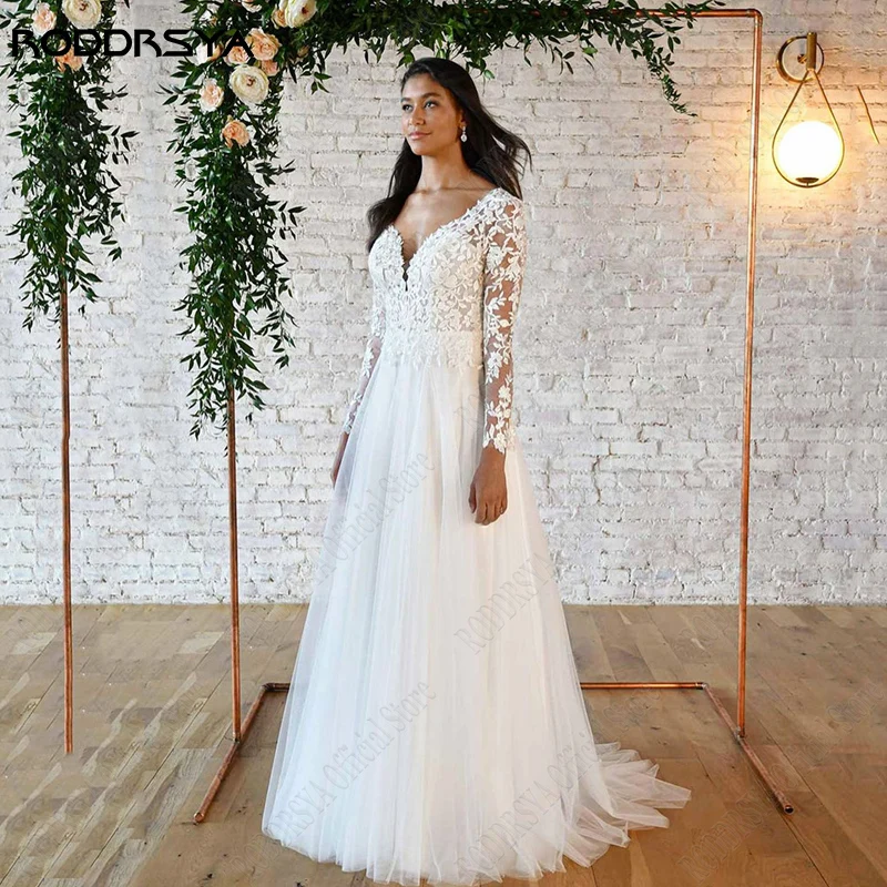 Top Trends: RODDRSYA Appliques Long Sleeves Wedding Dresses Gowns V Neck Lace Backless Bridal Dress Tulle Vestido Noiva Bohème Custom Made Shoppable Styles