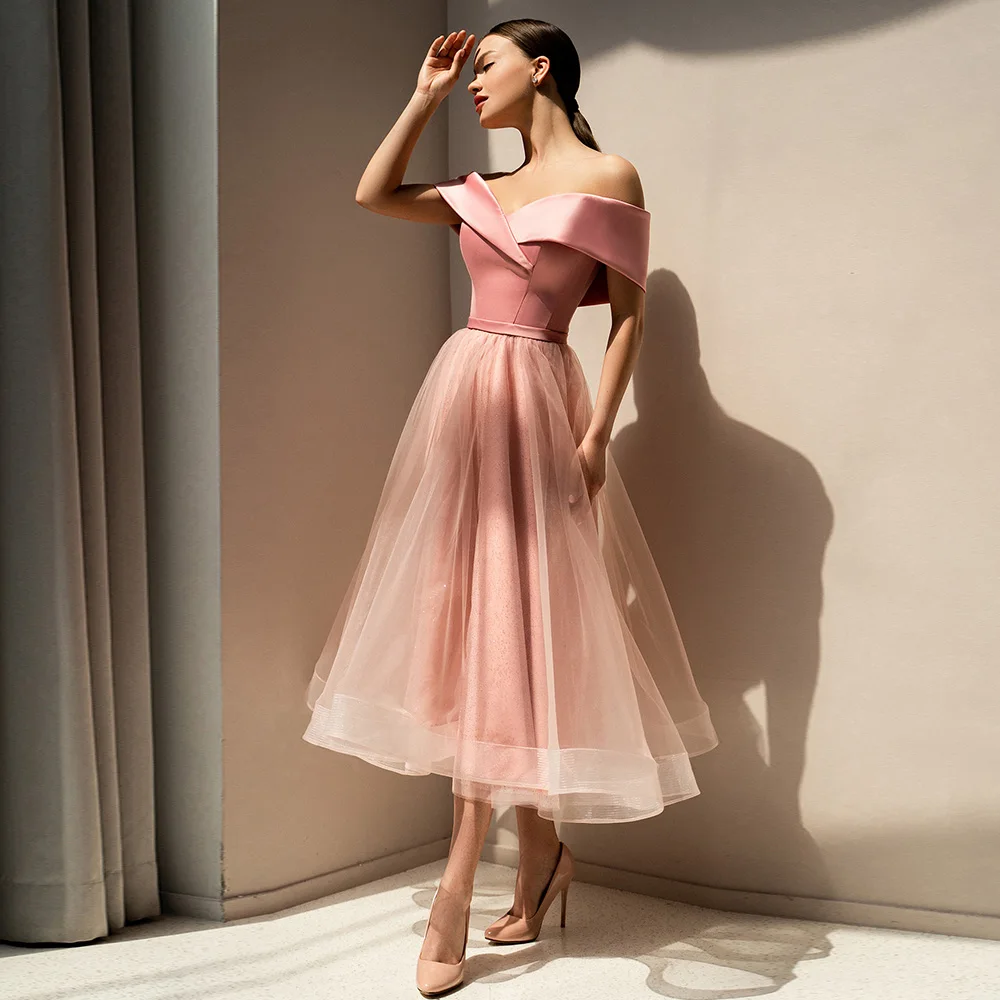 Top Trends: JEHETH Strapless Tulle Modern Off The Shoulder Prom Gown 2022 For Women Tea Length Draped Party Evening Dress Robe De Soirée Shoppable Styles