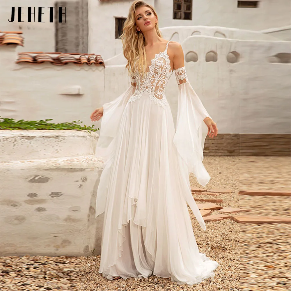 Top Trends: JEHETH Elegant Boho Wedding Dress Women Beach Appliques Vestido De Noiva Bridal Gown Chiffon Spaghetti Straps V-neck Open Back Shoppable Styles