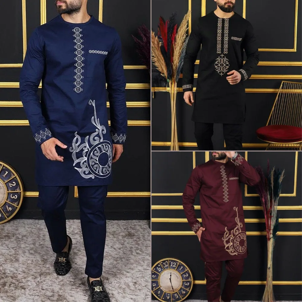 Top Trends: New In Dashiki 2 Pieces Sets Abaya Men&#039;s Clothing Shirt Pant Set Long Sleeve Elegant African Ethnic Style Round Neck Suit Kaftan Shoppable Styles