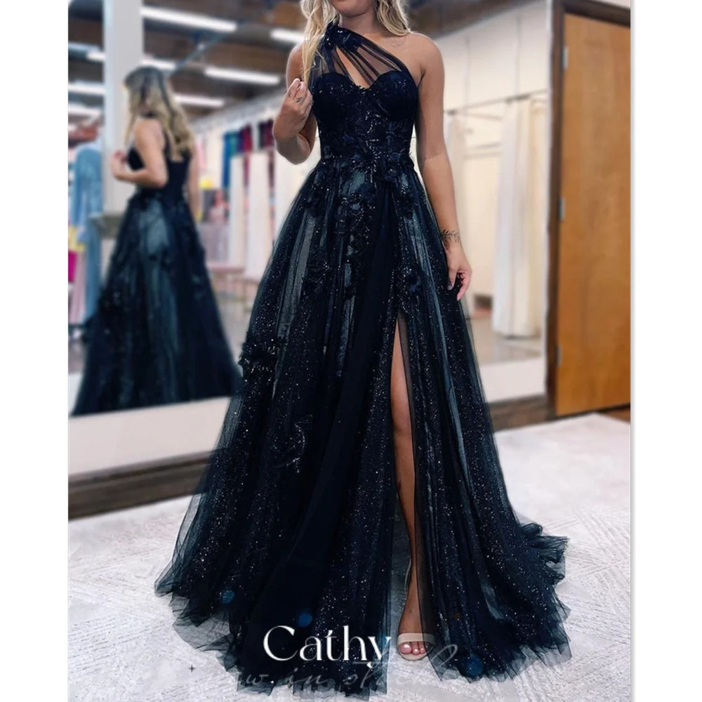 Top Trends: Cathy Sparkling Tulle A-line Prom Dress Dark Blue Evening Dress Sexy One Shoulder Side Split فستان سهرة Princess Party Dress Shoppable Styles