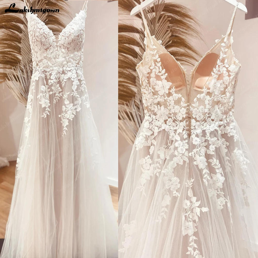 Top Trends: Vestido Boho Chic V Neck A Line Wedding Dress Lakshmigown Spaghetti Straps Bridal Gown Women Beach Trouwjurk Robe De Mariee Shoppable Styles