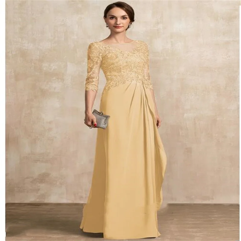 Top Trends: Vintage Champage A-Line Scoop Neck Floor-Length Chiffon Lace Mother Of The Bride Dress With Beading Cascading Ruffles Shoppable Styles