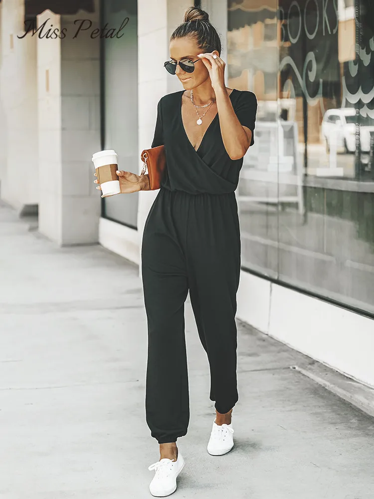 Top Trends: MISS PETAL V-neck Short Sleeve Jumpsuit For Woman Casual Long Jogger Pants Playsuit 2023 Summer Overalls Bodysuits Rompers Shoppable Styles