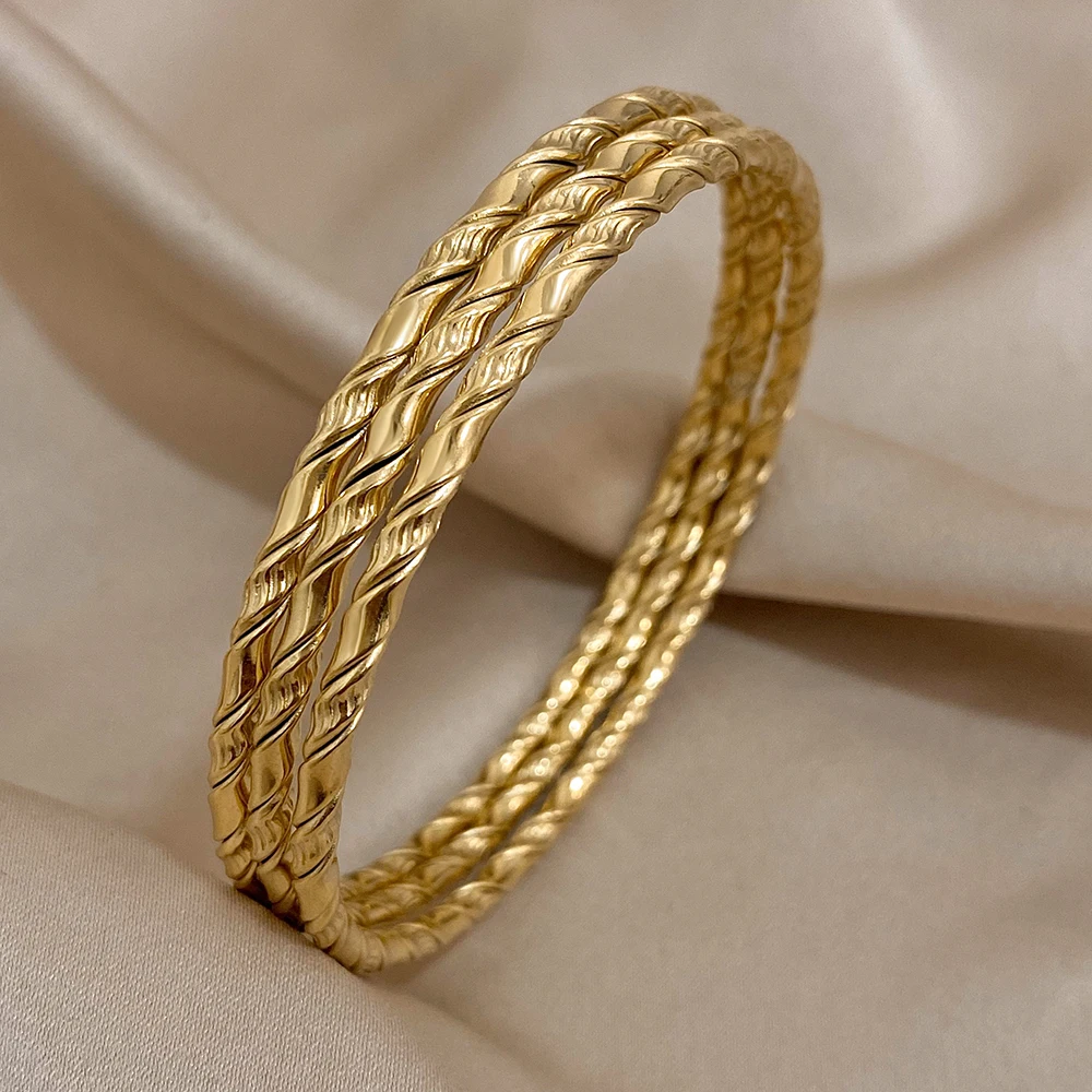 Top Trends: 3pcs Gold Color Twist Stainless Steel Bangle Bracelet Chic Classic Tibetan Buddha Bracelet Golden Stacked Bangles For Women Shoppable Styles