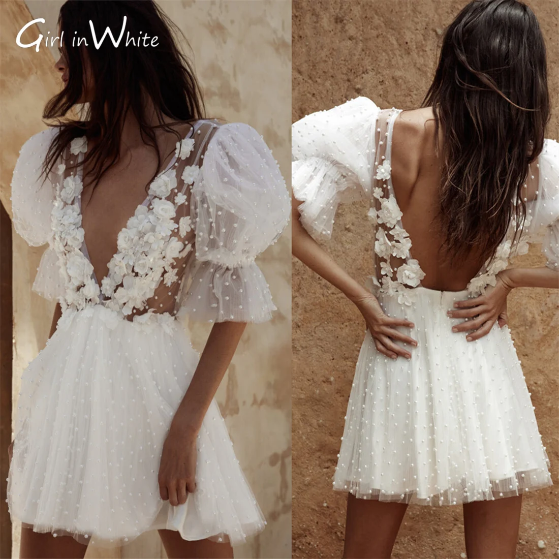 Top Trends: New Pearls Short Wedding Dresses V-Neck Puff Sleeves Flowers Mini Bride Robes Sexy Backless Formal Bridal Gowns Vestido De Noiva Shoppable Styles