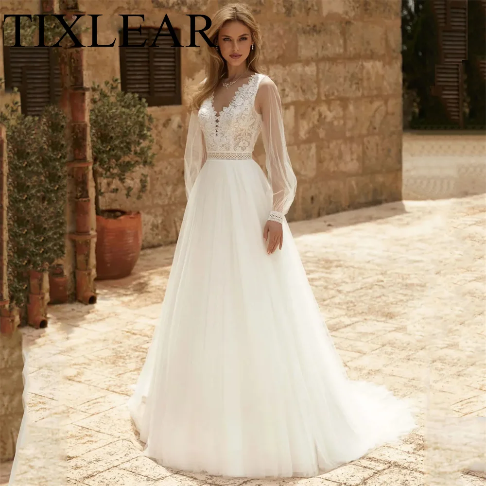 Top Trends: TIXLEAR Modern A-Line Wedding Dress With V-Neck Lace And Organza Puff Long Sleeves Bridal Gown Illusion Vestidos De Novia Women Shoppable Styles