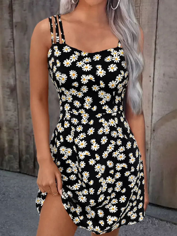 Top Trends: Women Summer Mini Dresses 2023 Vintage Floral Little Daisy Print Boho Beach Dress Sexy Sleeveless Sling A Line Loose Dress Shoppable Styles