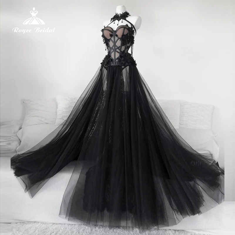 Top Trends: Gothic Black Long Wedding Dress 2023 Sexy Bridal Gown Vestidos De Novia Sexy Tulle Wedding Gowns Trouwjurk Plus Size Vestidos Shoppable Styles