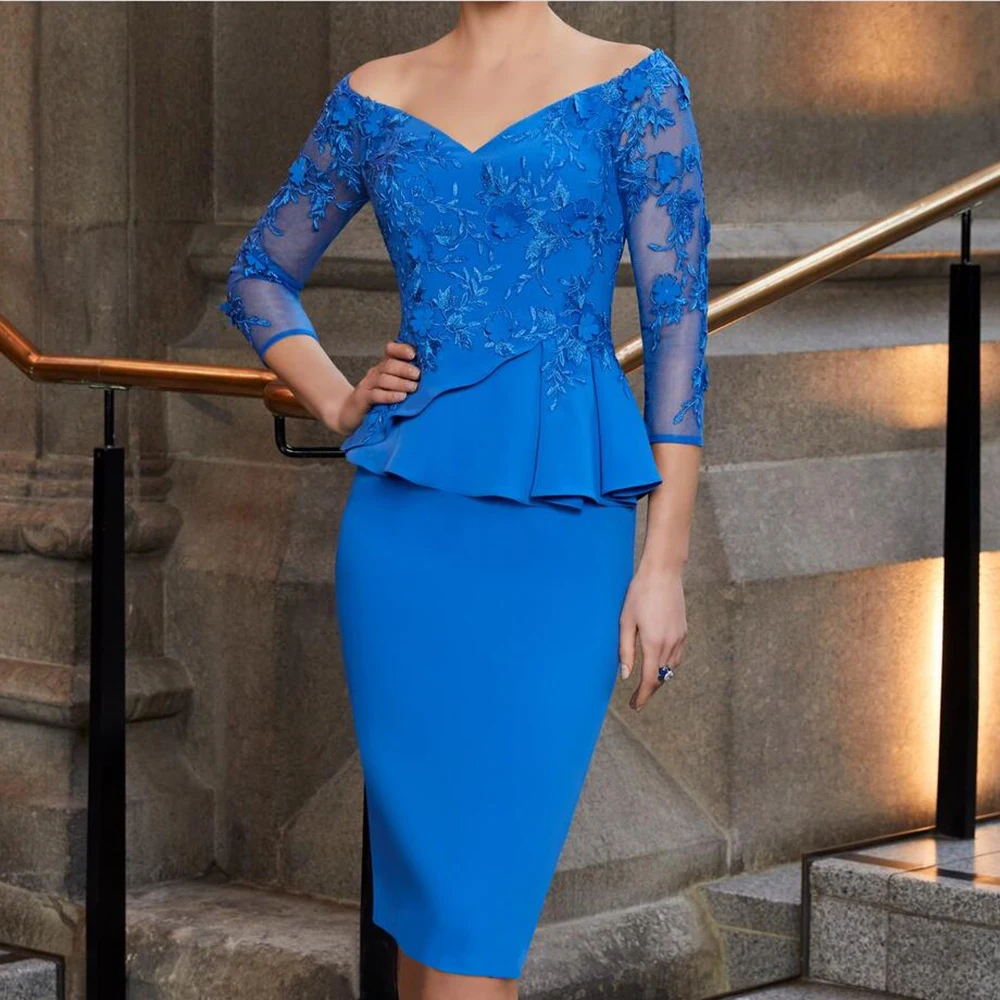 Top Trends: Blue Mother Of The Bride Dresses V-Neck Lace Appliques Knee-Length Prom Dress 3 / 4 Sleeve Peplum Modern Wedding Guest Party Gowns Shoppable Styles