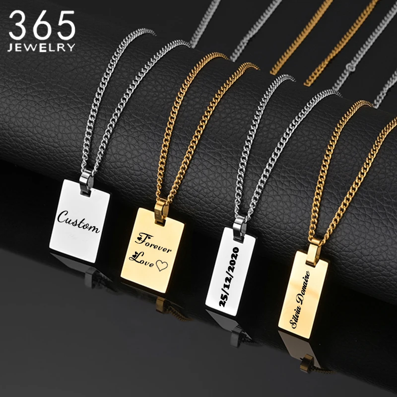 Top Trends: Simple Rectangle Custom Stainless Steel Engrave Name Necklace For Men Square Pendant Date DIY Necklaces Male Jewelry Gift Shoppable Styles