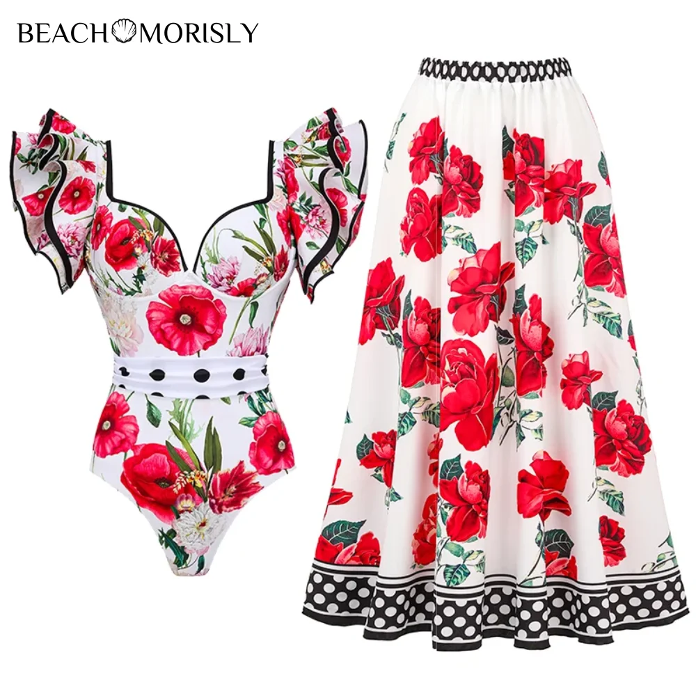 Top Trends: 2024 Ruffled Rose Printed One Piece Swimsuit And Skirt Swimwear Set Women Beachwear Luxury Bathing Suit Shoppable Styles