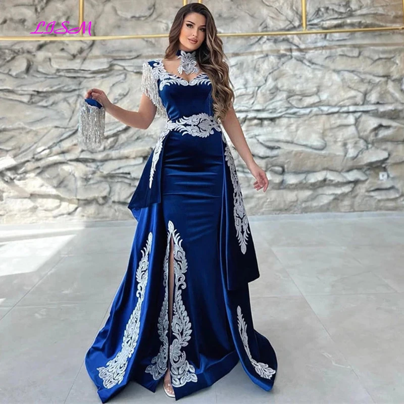 Top Trends: Moroccan Caftan Evening Dress Appliques Lace Cap Sleeve Royal Blue Mermaid Slit Velvet Arabic Prom Gowns Party Dress 2023 Shoppable Styles