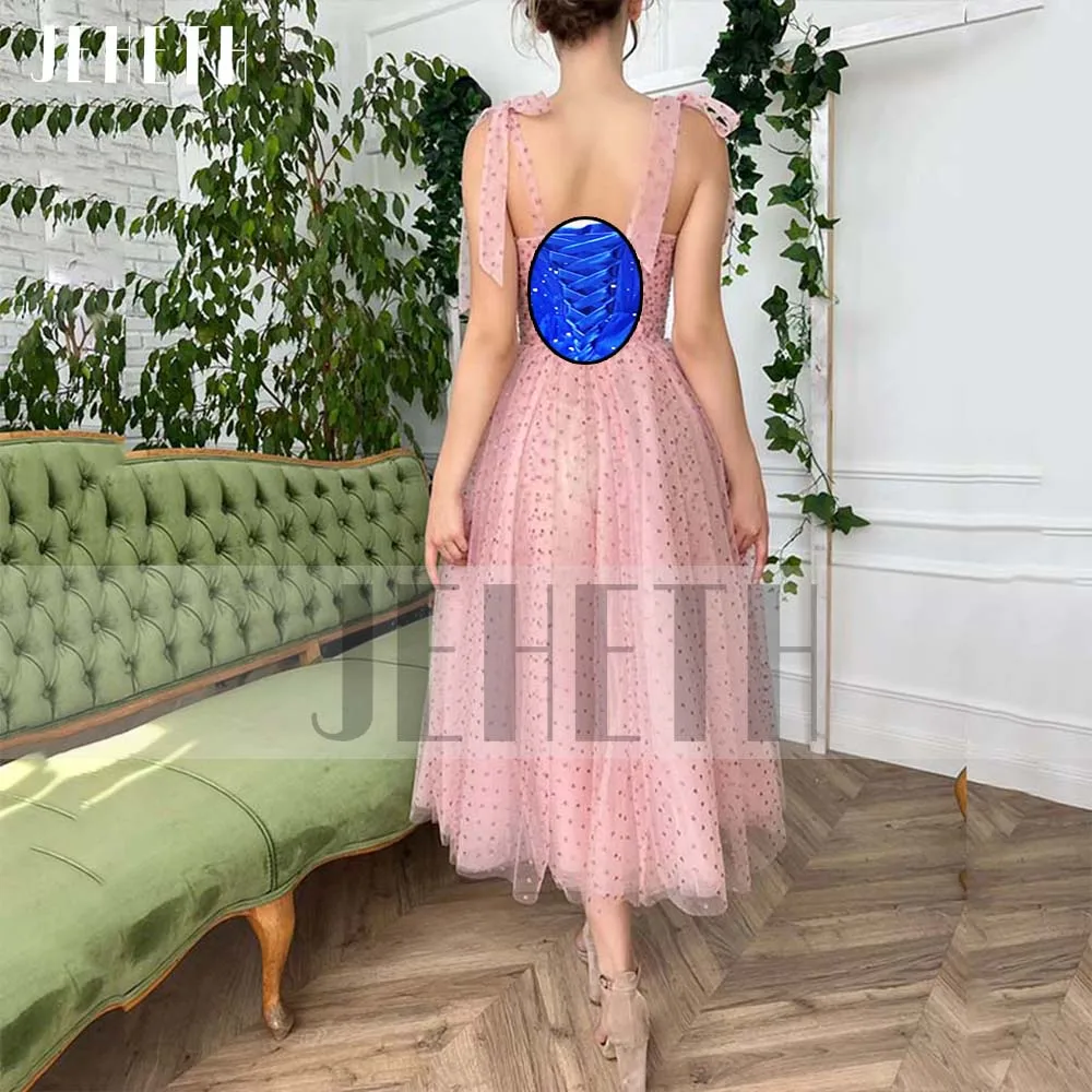 Top Trends: JEHETH Pink Elegant Heart Print Tulle Prom Dress 2022 Sweetheart Spaghetti Straps A Line Backless Evening Party Gown Tea Length Shoppable Styles - Image 2