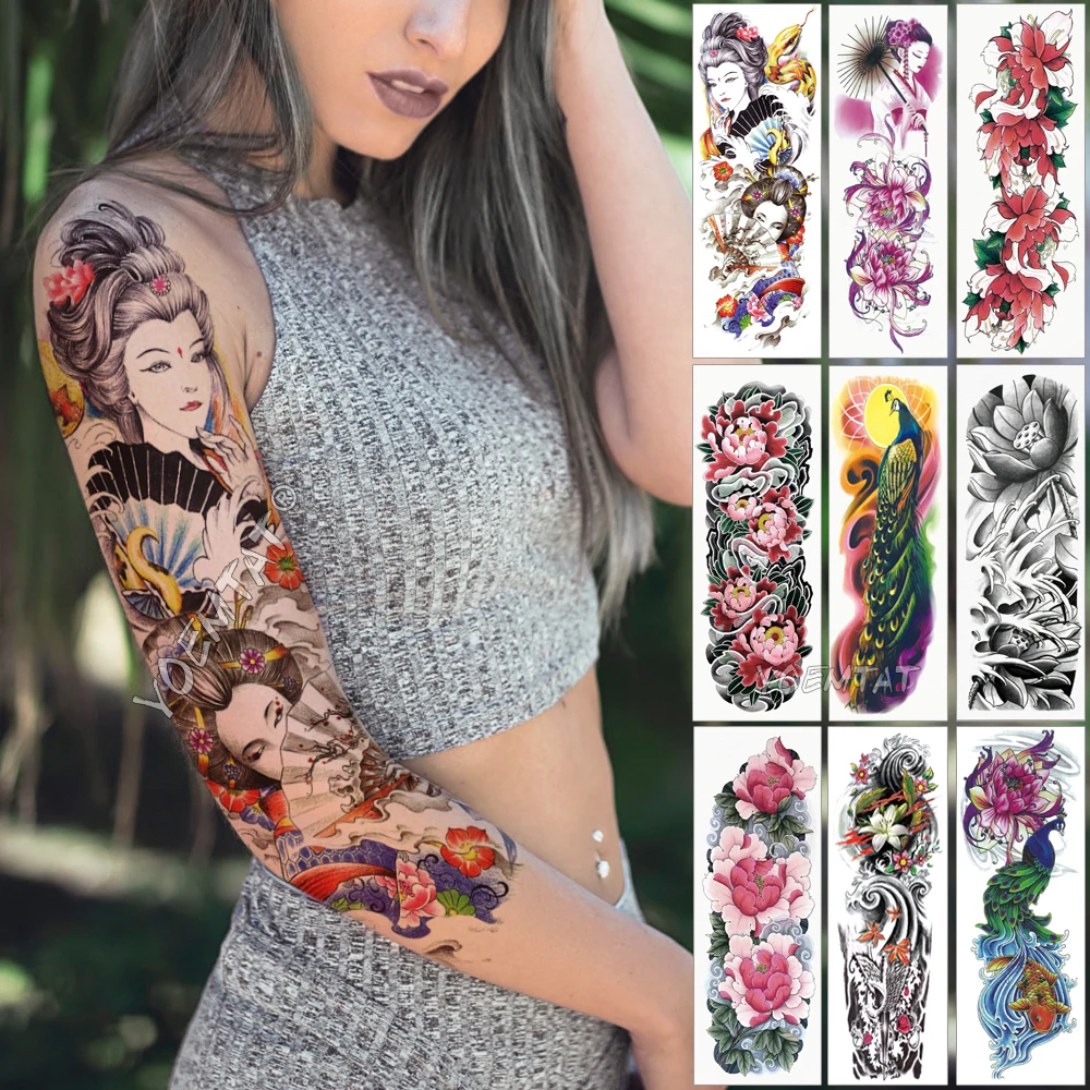 Top Trends: Large Arm Sleeve Tattoo Japanese Geisha Snake Waterproof Temporary Tatto Sticker Lotus Peacock Girl Tatoo Body Art Women Shoppable Styles