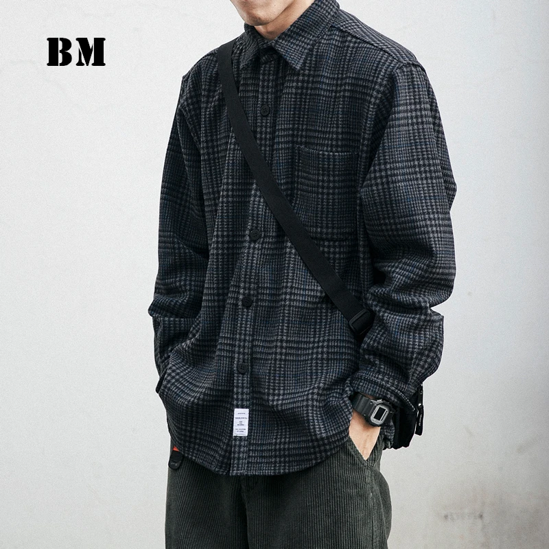 Top Trends: High Quality Thick Woolen Shirt Men Clothing Japanese Streetwear Lapel Long Sleeve Casual Plaid Top Harajuku Coats Male Shoppable Styles