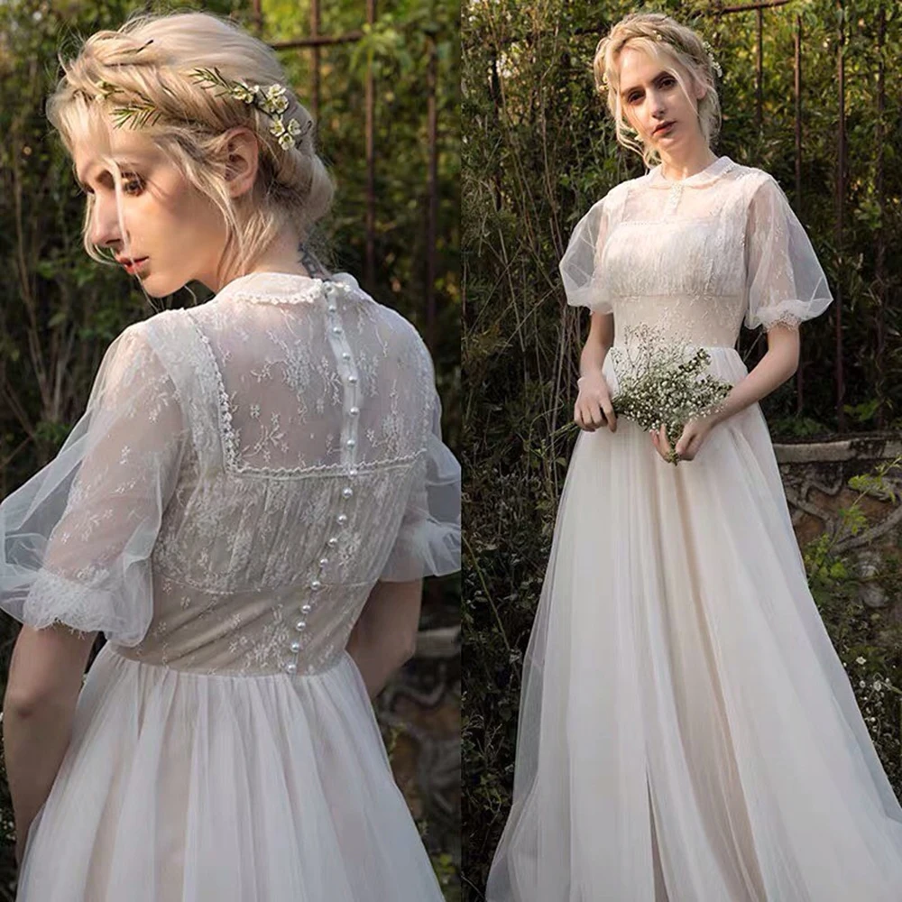 Top Trends: Lace Vintage Wedding Dresses A-Line Collar O Neck Bridal Gown Short Puffy Sleeves Wedding Gowns Vestido De Novia Country Style Shoppable Styles