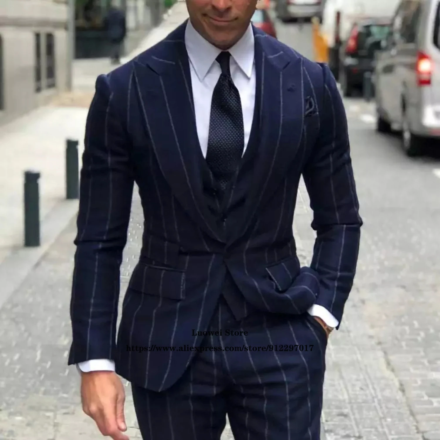 Top Trends: Navy Blue Stripe Mens Suits 3 Piece Jacket Vest Pants Set Wedding Groom One Button Tuxedo Peaked Lapel Business Blazer Masculino Shoppable Styles