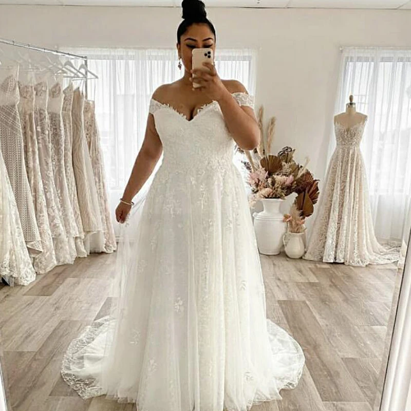 Top Trends: Wedding Dress Plus Size A-Line Off The Shoulder Lace Applique Tulle Backless Robe De Mariée Orienta Sweep Train Gown Custom Made Shoppable Styles