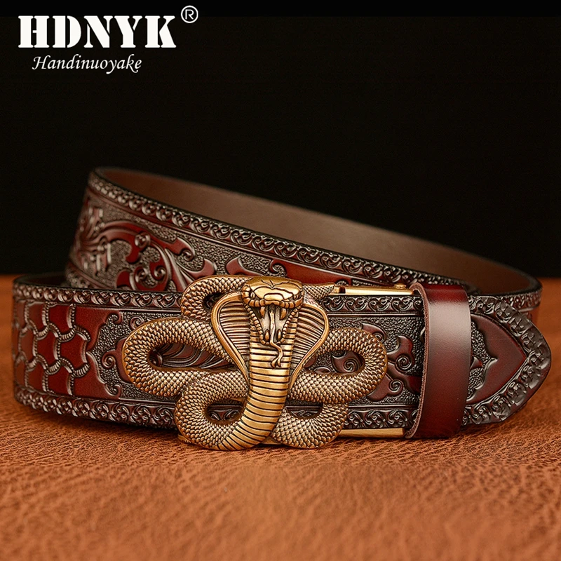 Top Trends: New Arrivel Snake Shaped Automatic Buckle Genuine Cowskin Leather Belt For Men Retro Tang Grass Pattern Strap Make Waistand Gift Shoppable Styles