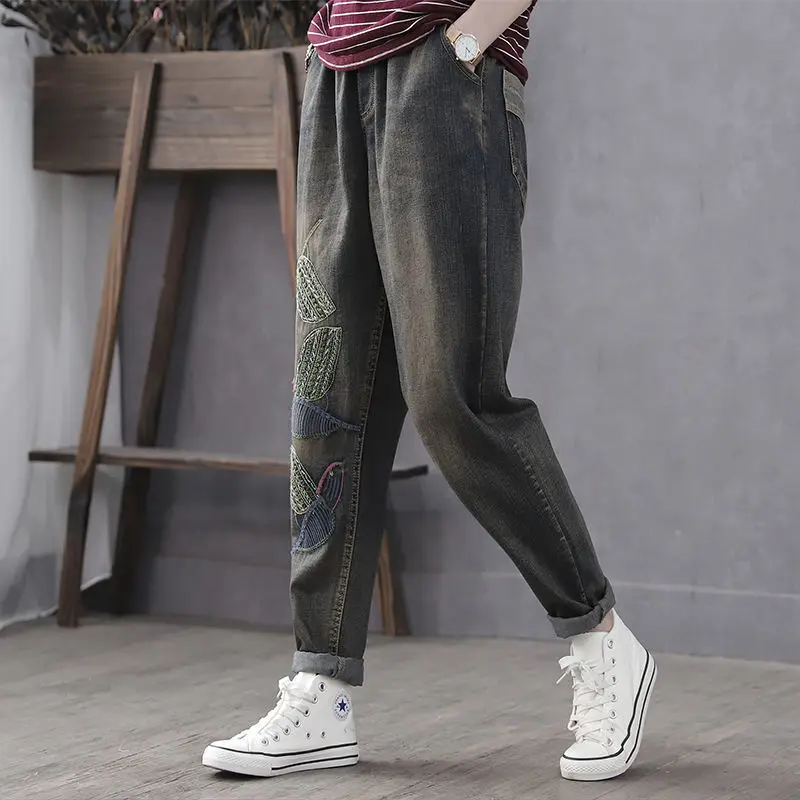 Top Trends: 2022 Autumn New Jeans Women's Elastic High Waist Embroidery Retro Distressed Loose Harlan Pants Female Denim Pants W45 Shoppable Styles - Image 3