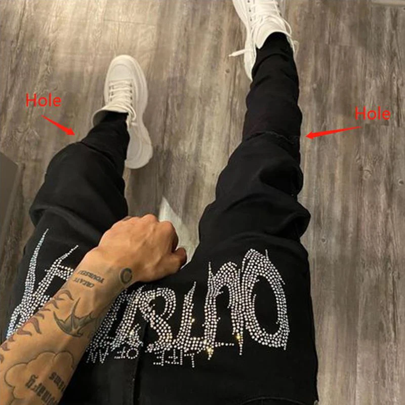 Top Trends: New Men Stretch Destroyed Hole Taped Slim Fit Black Jeans Biker Trousers Ripped Skinny Hot Drill Street Punk Denim Pencil Pants Shoppable Styles