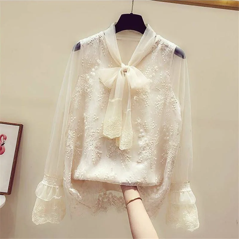 Top Trends: Korean Style Sweat Fairy Girl Blouses White Bowknot Lace Long Sleeved Trendy Shirt Women Loose Casual Fashion Tops Y2K Pullovers Shoppable Styles