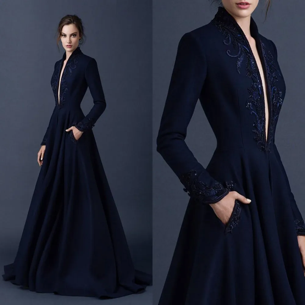 Top Trends: Navy Blue Satin Evening Dresses Embroidery Dresses Custom Made Beaded Formal Party Wear Ball Gown Plunging V Neck Ball Gowns Shoppable Styles