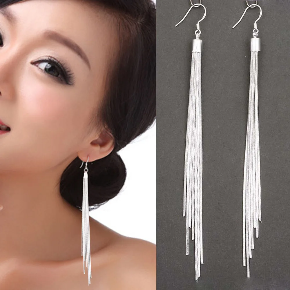 Top Trends: Elegant Jewelry Fashion Women Noble Tassels Silver Plated Long White Hook Dangle Chain Earrings Women Silver Plated 13.5cm Shoppable Styles