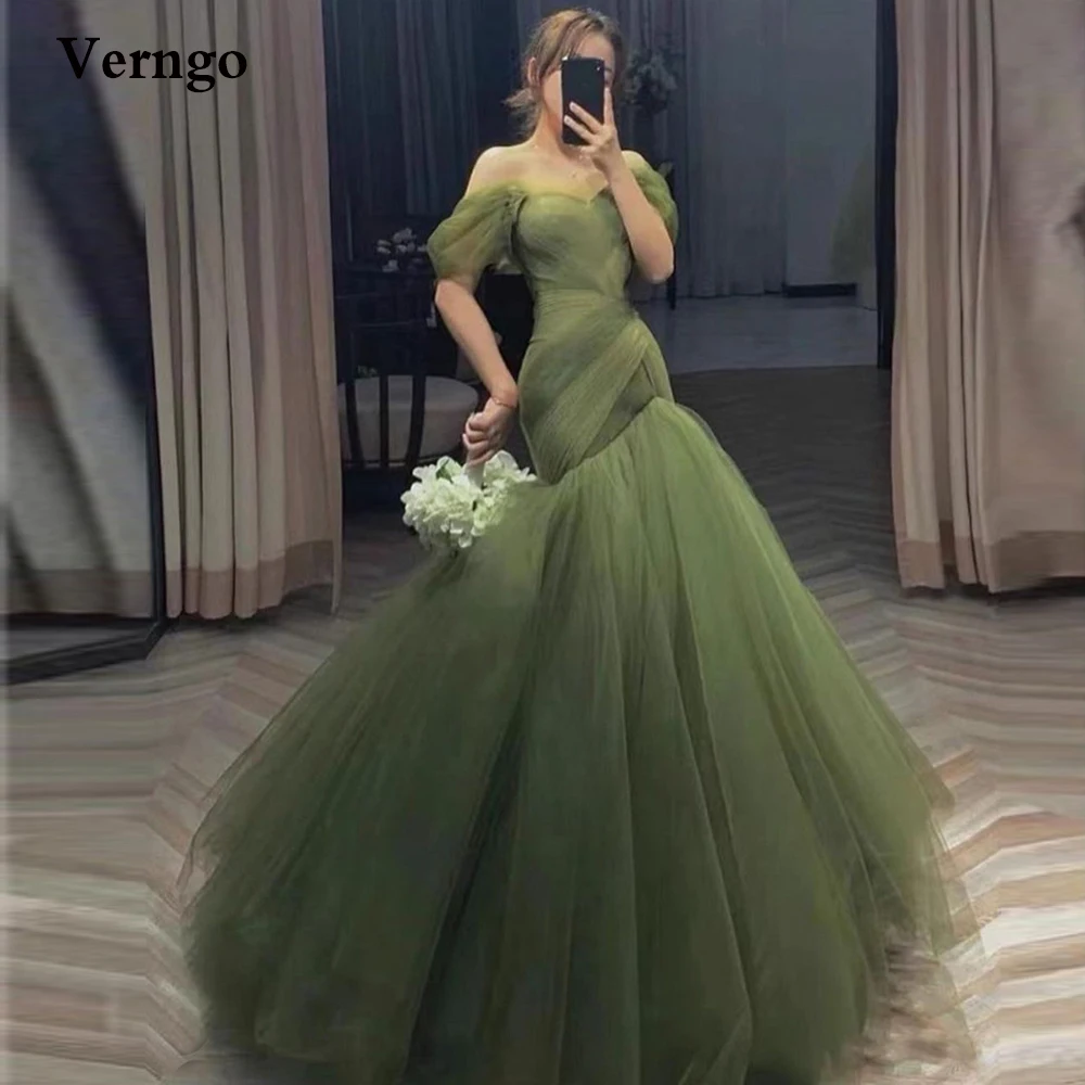 Top Trends: Verngo New Olive Green Dress Tulle Mermaid Long Prom Dresses Off The Shoulder Short Sleeves Pleats Fitted Stylish Evening Gowns Shoppable Styles