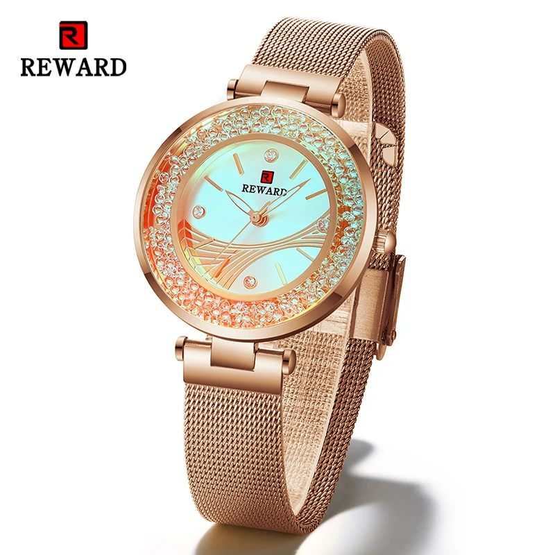 Top Trends: REWARD Rotation Diamond Fashion New Women Watches Glowing Dial Mesh Strap Quartz Japan Movement Waterproof Wristwatches Shoppable Styles