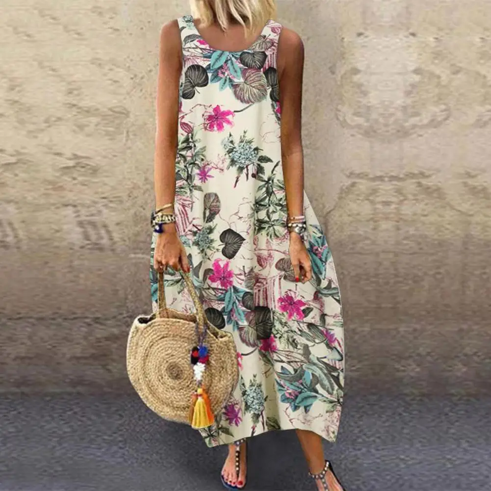 Top Trends: Summer Vintage Women Dress Sleeveless O Neck Leaves Floral Print Cotton Linen Long Baggy Beach Dress Red Xxxxxl платье летнее Shoppable Styles