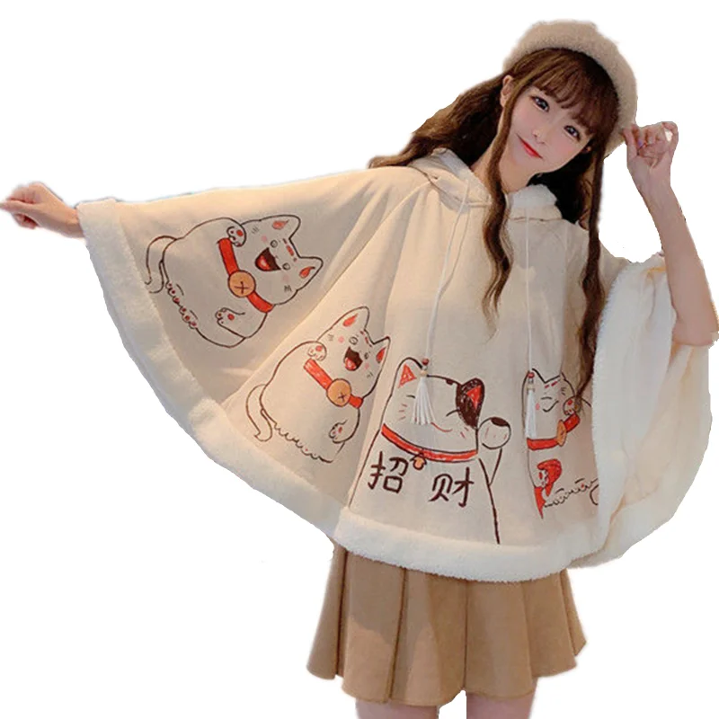 Top Trends: 2021 Spring Autumn Cloak Harajuku Kawaii Ears Hooded Outwear Japanese Lucky Cat Fleece Cape Loose Pullover Batwing Sleeve Top Shoppable Styles