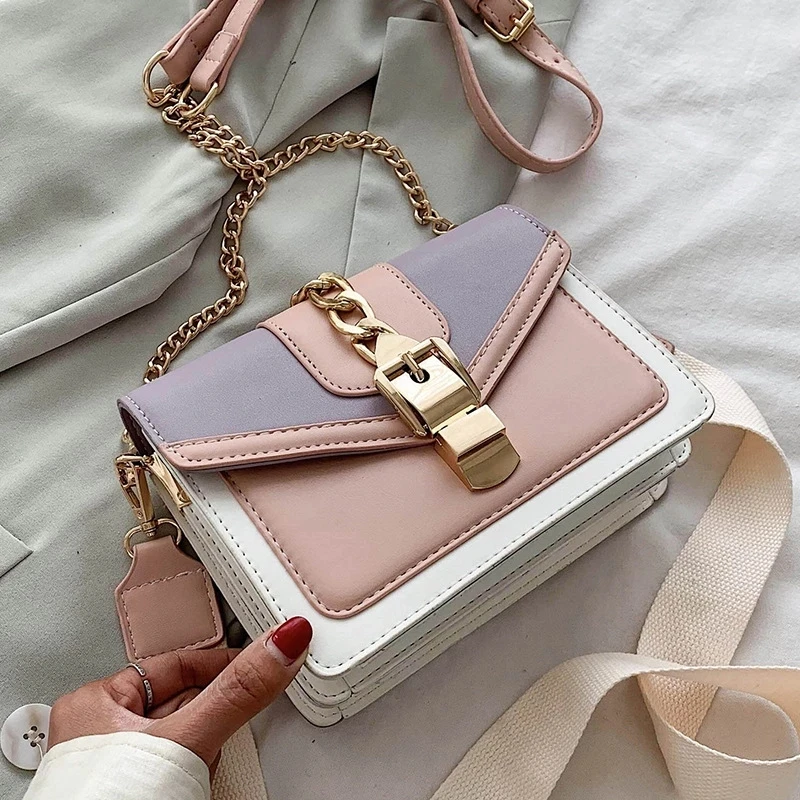 Top Trends: Fashion Chain Lady Sling Bag Panelled Color PU Leather Crossbody Bag For Women 2023 New Wide Strap Shoulder Messenger Bag Ladies Shoppable Styles