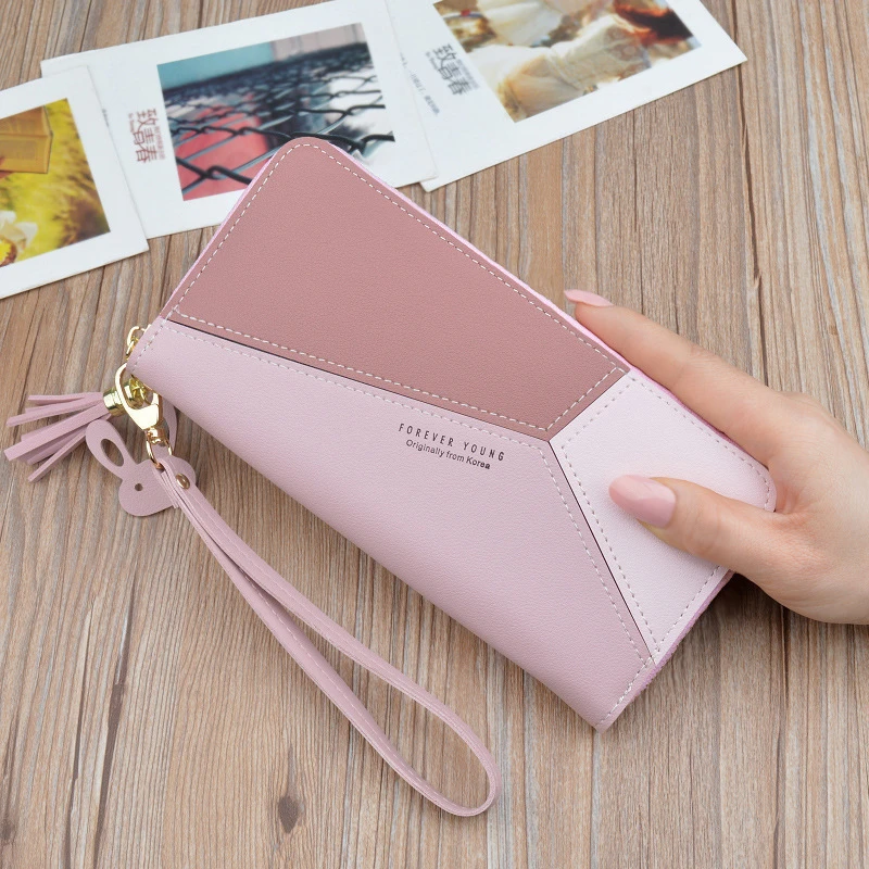 Top Trends: Geometric Patchwork PU Leather Women Long Zipper Wrist Purses Tassel Design Clutch Forever Young Wallet Female Card Holder Shoppable Styles