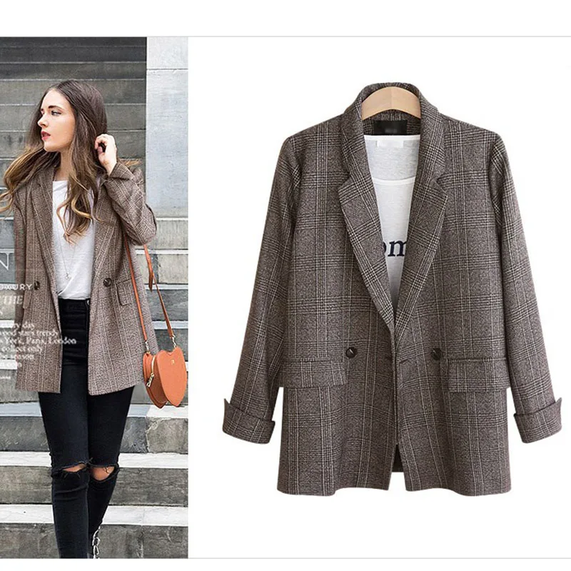 Top Trends: Autumn Blazer Women 2022 New Plaid Korean Jackets Long Sleeve Notched Vintage Casual Fashion Winter Office Lady Jackets 4XL 5XL Shoppable Styles