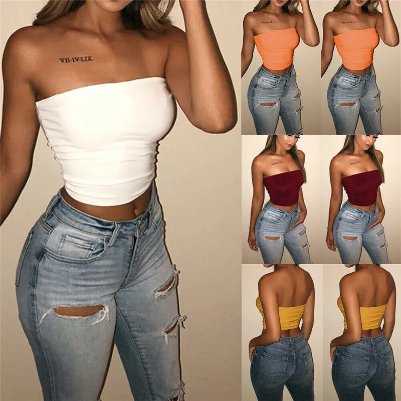 Top Trends: Sexy Tank Top Women Strapless Off Shoulder Tube Top Shortened Female Cami White Black Cropped Vest Backless 2020 Summer Clothes Shoppable Styles