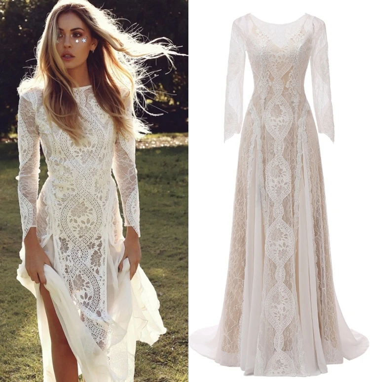 Top Trends: Factory Price 100 % Real Sample Photo Long Sleeve Backless O-Neck Lace Boho Bohemian Beach Wedding Dress Bridal Gown Shoppable Styles