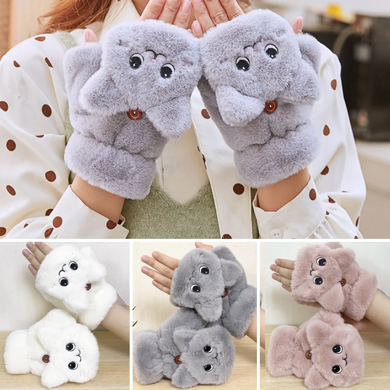 Top Trends: Women Winter Thicken Fur Cute Rabbit Mittens Fingerless Gloves Plush Warm Glove Soft Half Finger Flip Gloves For Women Girls Shoppable Styles - Image 4