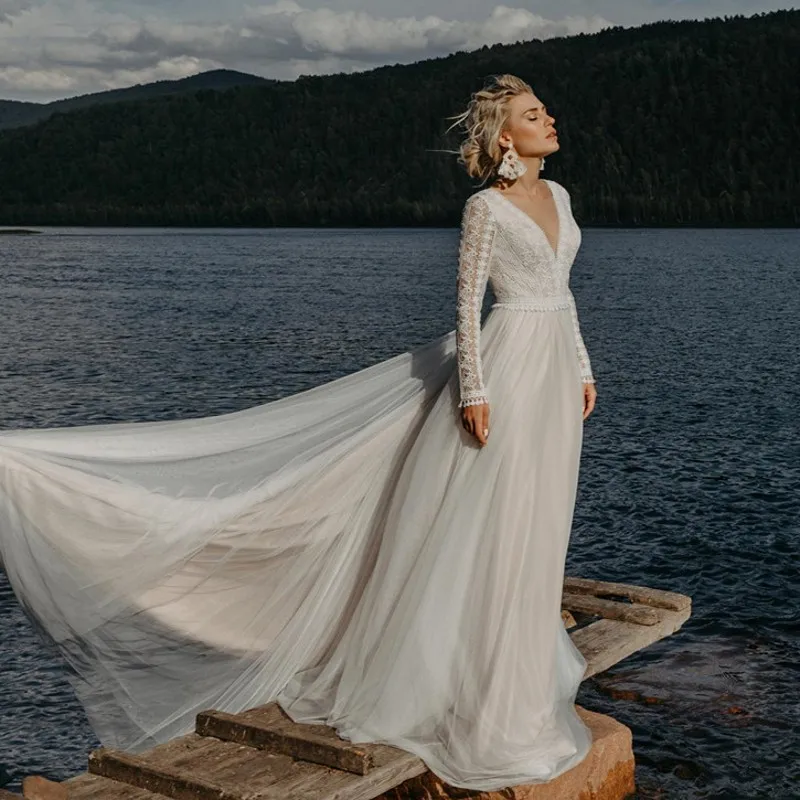 Top Trends: Bohemian Long Sleeve Wedding Dresses A Line V Neck Backless Lace Tulle Beach Bridal Gowns Long Boho Bride Dress Robe De Mariee Shoppable Styles