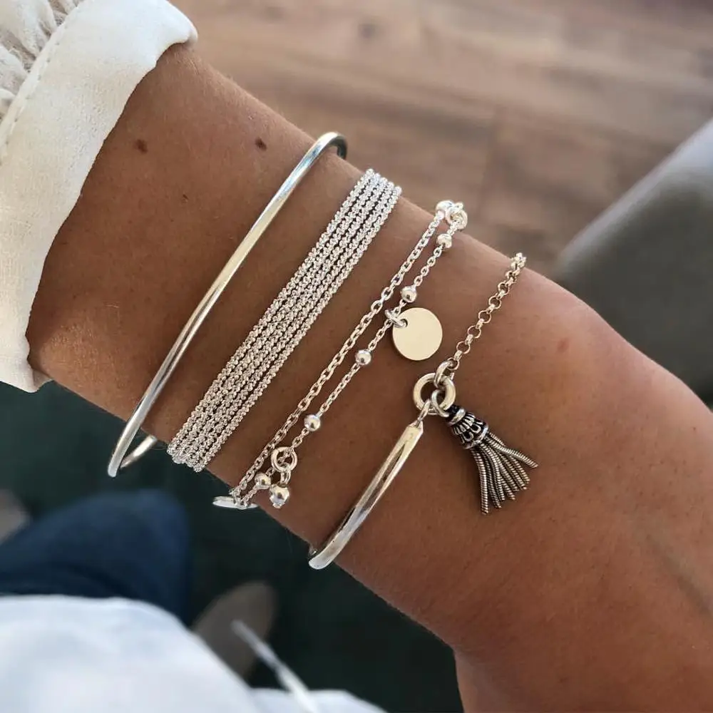 Top Trends: 4PCS / Set Boho Geometric Tassel Chain Bracelet For Women MultiLayer Bangles Charm Party Wedding Beach Jewelry Accessories Gifts Shoppable Styles