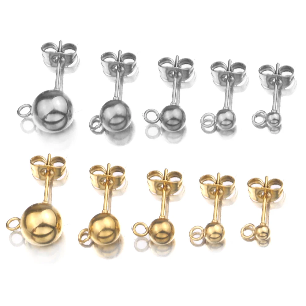 Top Trends: 20pcs Gold Surgical Stainless Steel 3 4 5 6 8mm Round Ball Earrings Stud Post With Loop Fit DIY Earring Jewelry Making Craft Shoppable Styles