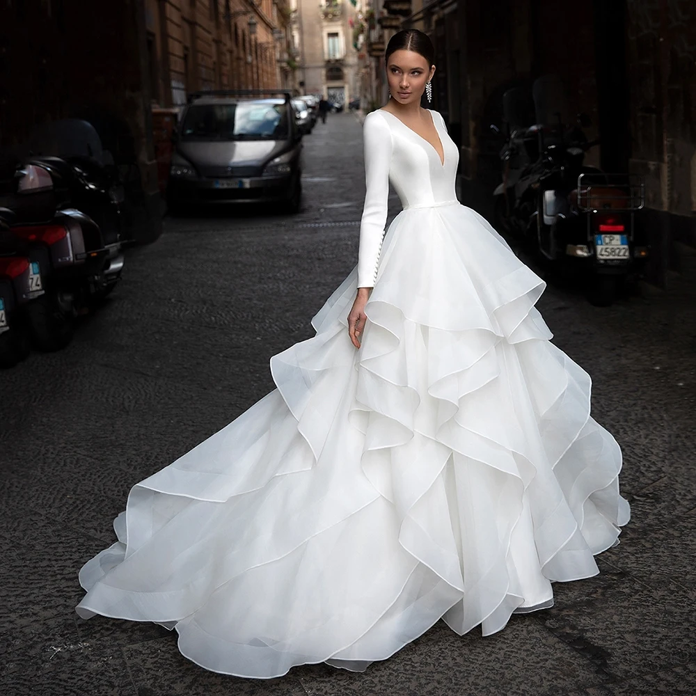 Top Trends: Modern White V-Neck Ball Gown Long Sleeves Satin Wedding Dress For Women 2023 Vintage Illusion Back With Button Custom Made Shoppable Styles