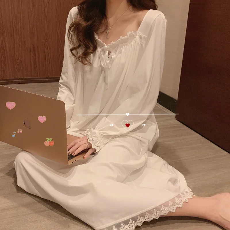 Top Trends: Fdfklak Sweet Women&#039;s Nightgowns New Long Sleeve Cotton Sleepwear Dress Spring Summer Nightdress Female Loose Night Shirt Shoppable Styles